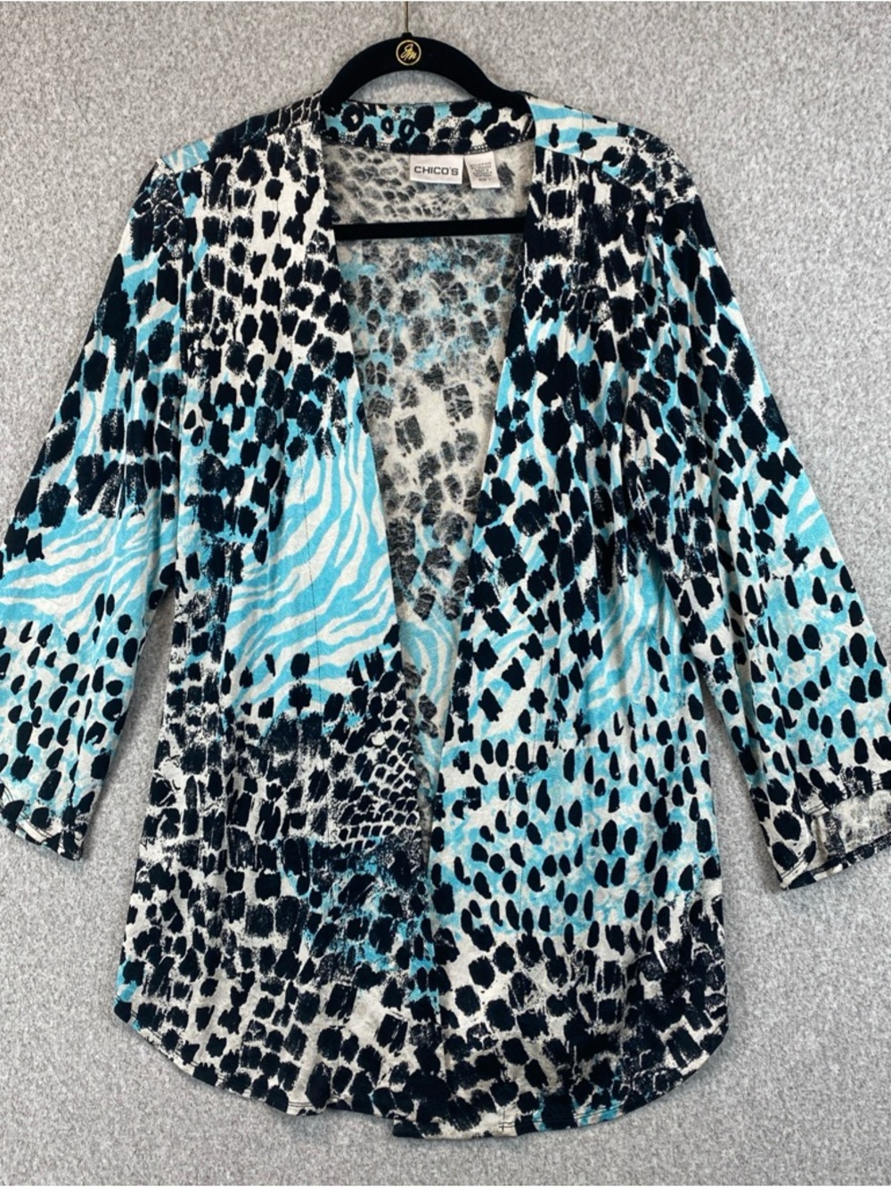 Chicos Liquid Knit Womens Open Front Cardigan Jacket Sz 1(M) Lagenlook Artsy